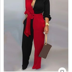 Red and black colorblock jumpsuit